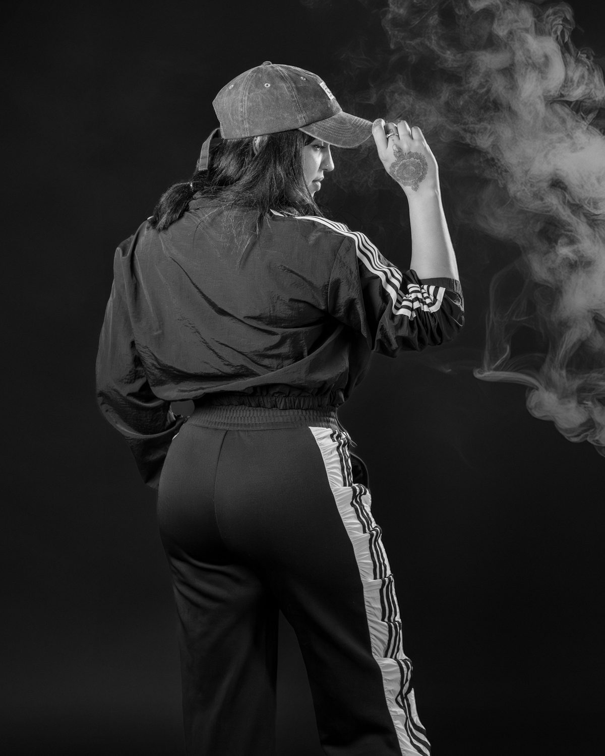 Black and white editorial portrait with smoke — Austin photographer